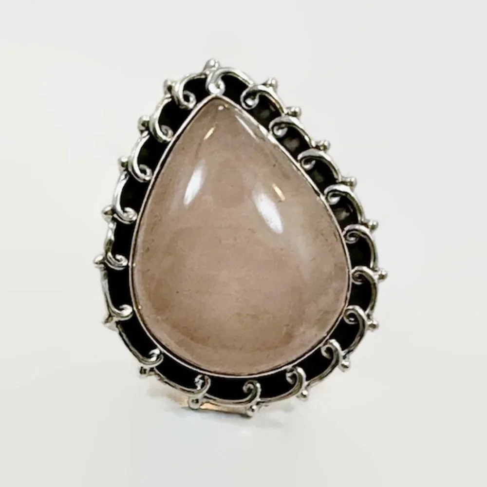 Rose Quartz Ring, Sterling Silver, Big Statement, Size 5 3/4, Vintage Ring, NOS, - Picture 3 of 6